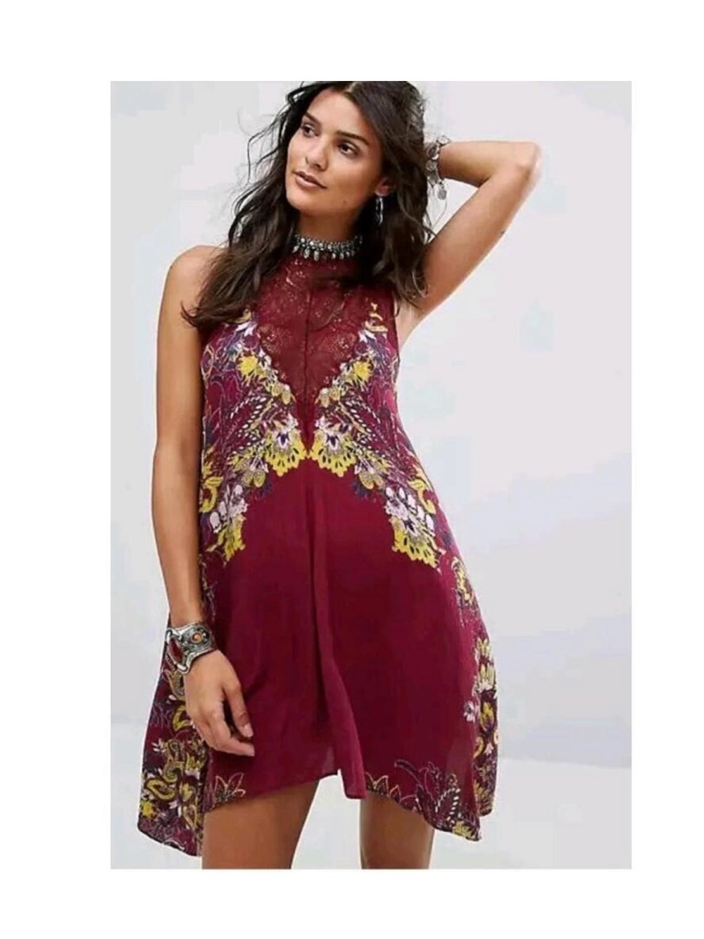 Free People Marsha Bohemian Floral Lace-Trim Sleeveless Dress - Wine